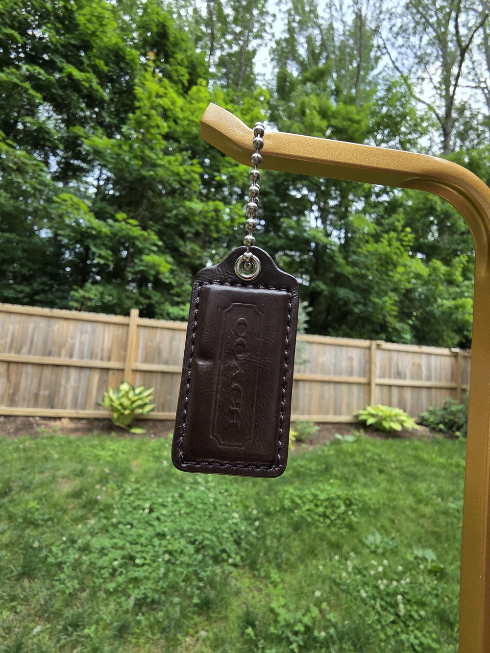 Coach Dark Brown Leather Hangtag with Silver Ball Chain